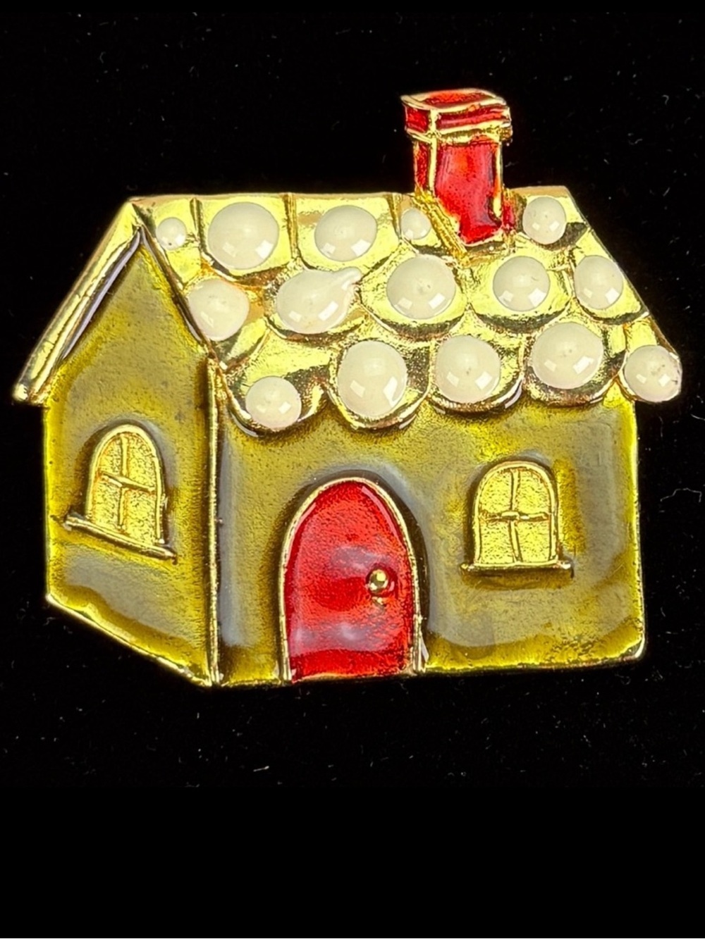 Vintage, holiday festive, aged goldtone, red gingerbread house, brooch